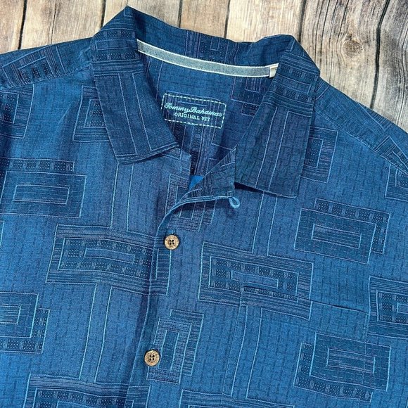 Tommy Bahama 100% Silk Hawaiian Short Sleeve Button Shirt XL Blue Geometric Camp - Picture 2 of 7